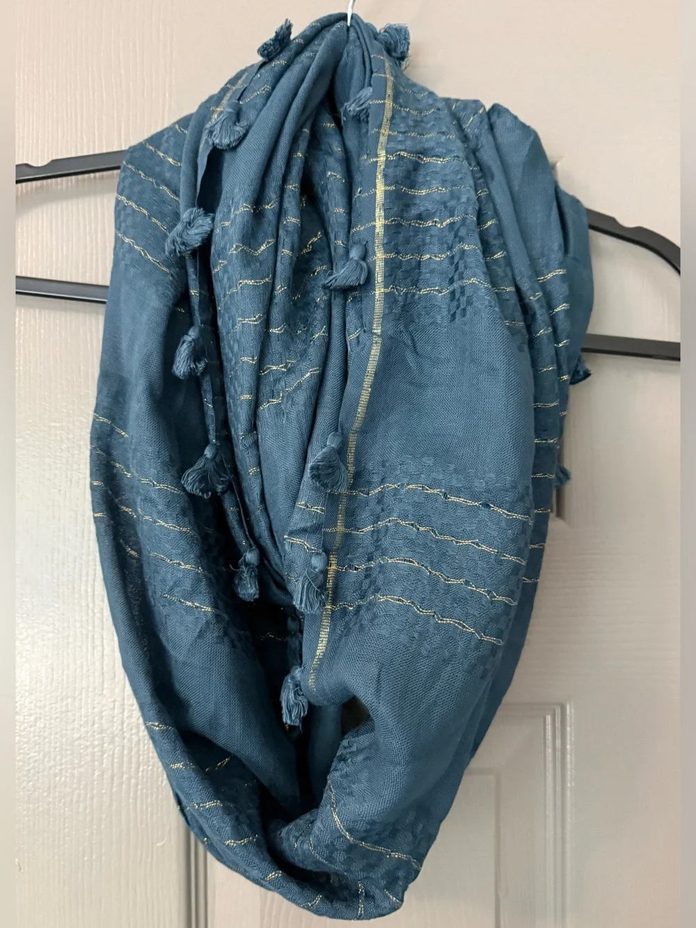 Anthropologie Blue Tasseled Infinity Scarf with Gold Metallic Thread